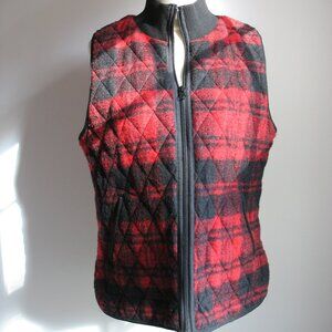 Adrienne Vittadini vest red black plaid wool m medium zip holiday